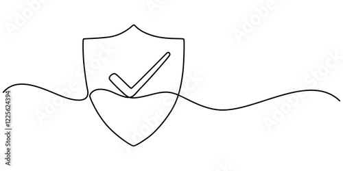Shield with check protect, one line continuous. Success, guarantee, safe sign. Vector outline, Shield check mark icon continuous one line drawing, Shield, Protection, Security Continuous Line Icon. 