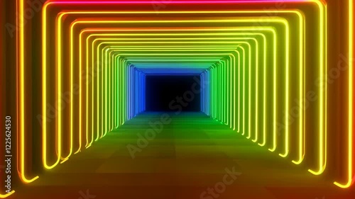 Colorful Neon Tunnel with Vibrant Lights and Dark Endpoint