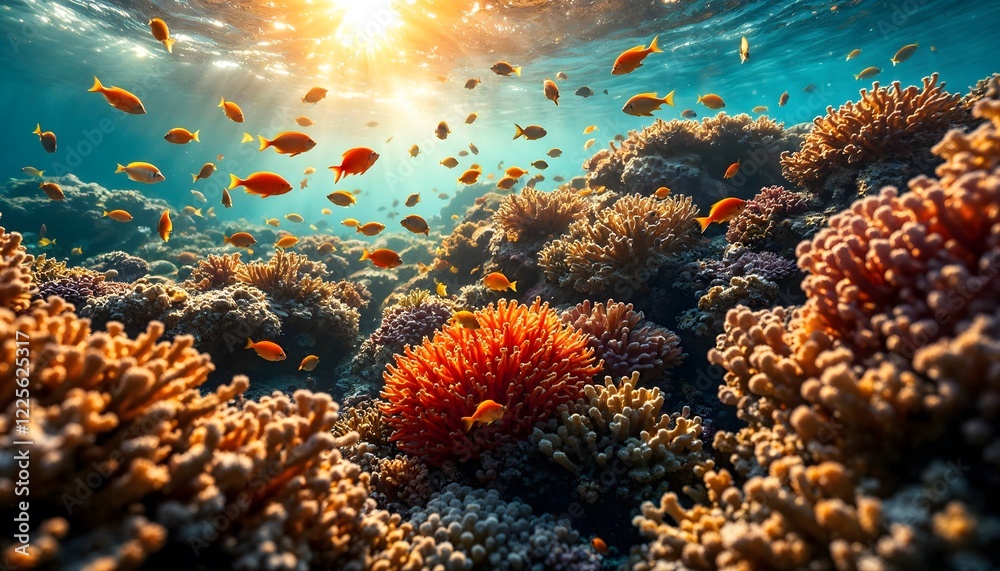 Fototapeta premium Vibrant Coral Reef Scene with Colorful Fish