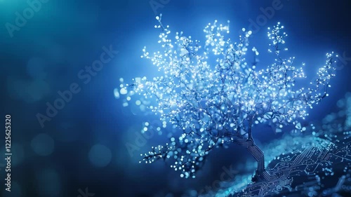 Abstract Digital Tree with Blue Background and Circuit Patterns