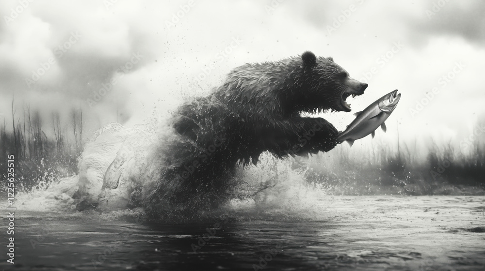 Obraz premium Brown bear catching salmon in river, wildlife action