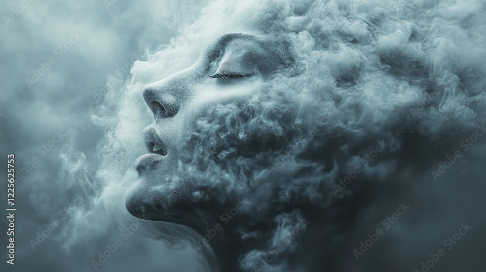 Surreal portrait of a woman with closed eyes surrounded by smoke, creating a dreamy and ethereal atmosphere with a concept of mystery and fantasy Surreal portrait of a woman with closed eyes surrounded by smoke, creating a dreamy and ethereal atmosphere with a concept of mystery and fantasy