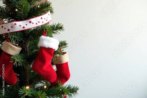 White star-patterned ribbons wrapped around the branches of a fir tree featuring hungred red Christmas stockings, holiday, garlands photo