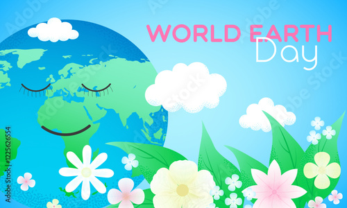 horizontal template for Earth Day, smiling planet surrounded by flowers