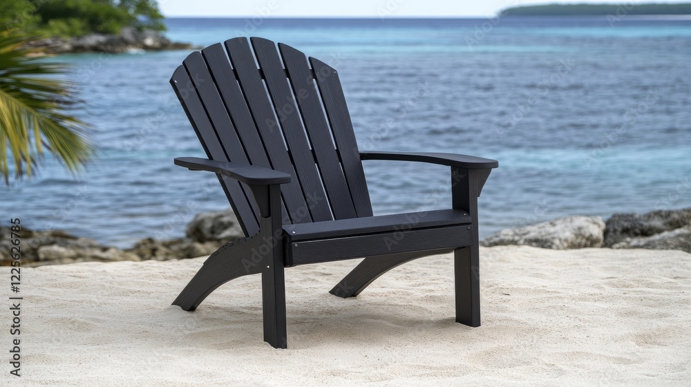 Turquoise beach chair sits on soft sand facing the calm Caribbean Sea, perfect for relaxation under the clear blue sky Turquoise beach chair sits on soft sand facing the calm Caribbean Sea, perfect for relaxation under the clear blue sky
