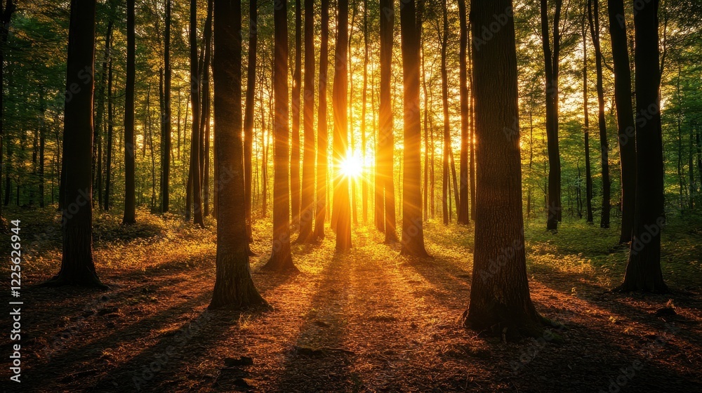 Fototapeta premium Golden Sunset Rays Illuminating Forest Trees