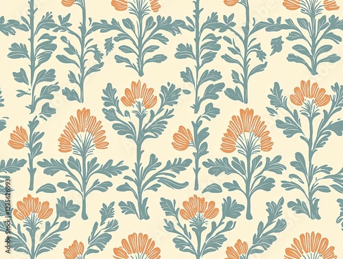 A seamless vintage floral pattern featuring stylized orange flowers and blue-green leaves on a light background, ideal for textiles, wallpapers, and decorative designs.
