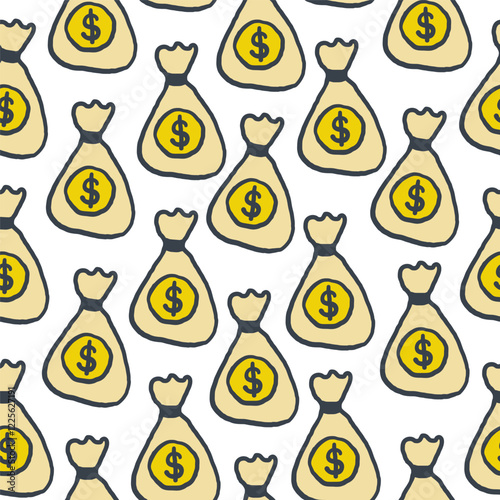 Seamless pattern with money bags in hand drawing style in vector on transparent background. Element for decoration postcards poster print background backdrop wrapping packaging wallpaper banner