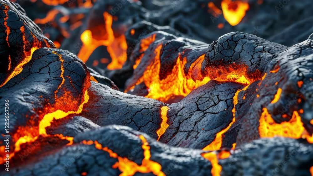 Molten lava flows from volcanic eruption, showcasing dynamic textures ...