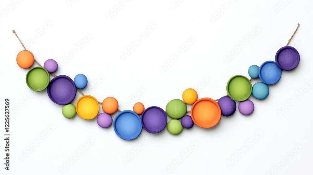 Multicolored circular paper garland hanging on a white background, featuring vibrant hues of orange, green, blue, and purple. Concept of festive decoration Multicolored circular paper garland hanging on a white background, featuring vibrant hues of orange, green, blue, and purple. Concept of festive decoration