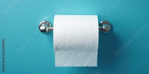 White toilet paper roll on blue bathroom wall is held by chrome metal holder, paper, metal