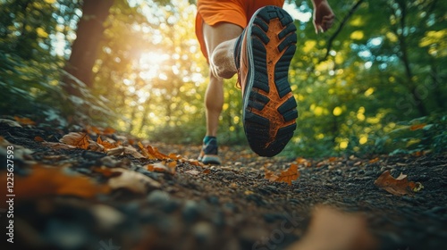 Fototapeta Naklejka Na Ścianę i Meble -  Running through a sunlit forest trail on a vibrant autumn day