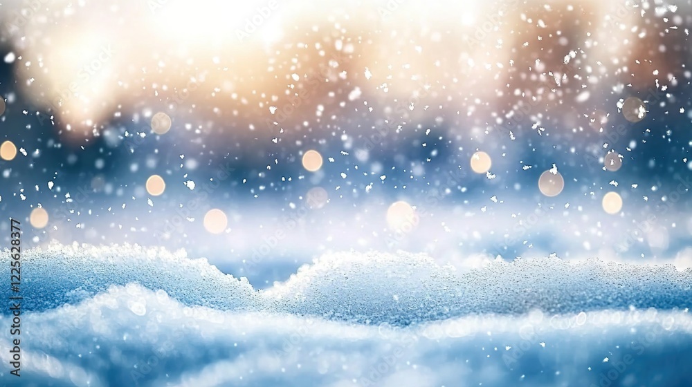 Abstract winter background with snow and bokeh lights. Winter background with copy space, sky blue color, blurred snow-covered ground, blurred background Abstract winter background with snow and bokeh lights. Winter background with copy space, sky blue color, blurred snow-covered ground, blurred background