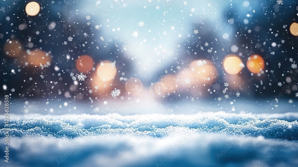 Abstract winter background with snow and bokeh lights. Winter background with copy space, sky blue color, blurred snow-covered ground, blurred background Abstract winter background with snow and bokeh lights. Winter background with copy space, sky blue color, blurred snow-covered ground, blurred background