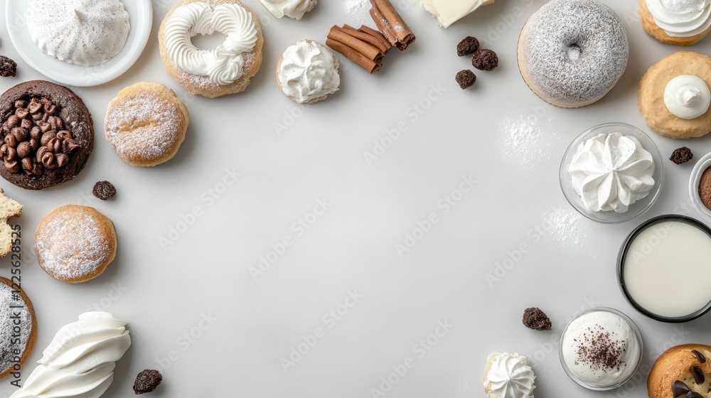 White table with various gourmet baking ideas and ingredients for culinary creativity White table with various gourmet baking ideas and ingredients for culinary creativity