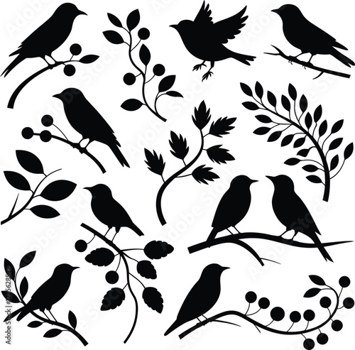 Collection of Bird Silhouettes in Various Poses with Branches and Leaves...