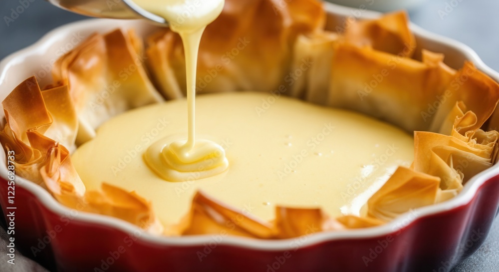 Close-up of custard being poured into a filo pastry shell in a red baking dish Close-up of custard being poured into a filo pastry shell in a red baking dish