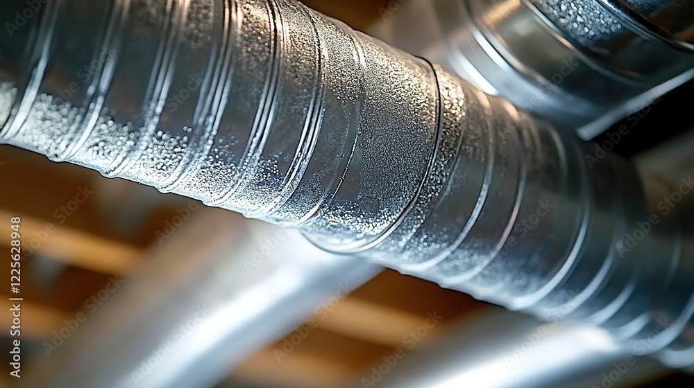 Close-up of a silver-colored heating plastic plumber's pipe on a wooden ceiling in a house