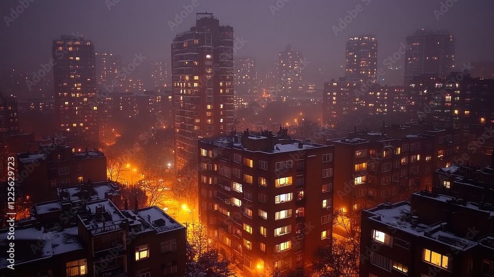 Obraz premium Snowy City Night Aerial View