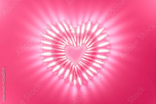A vibrant solid pink background with a heart made entirely of glowing neon tubes arranged in a spiral pattern, radiating soft light.