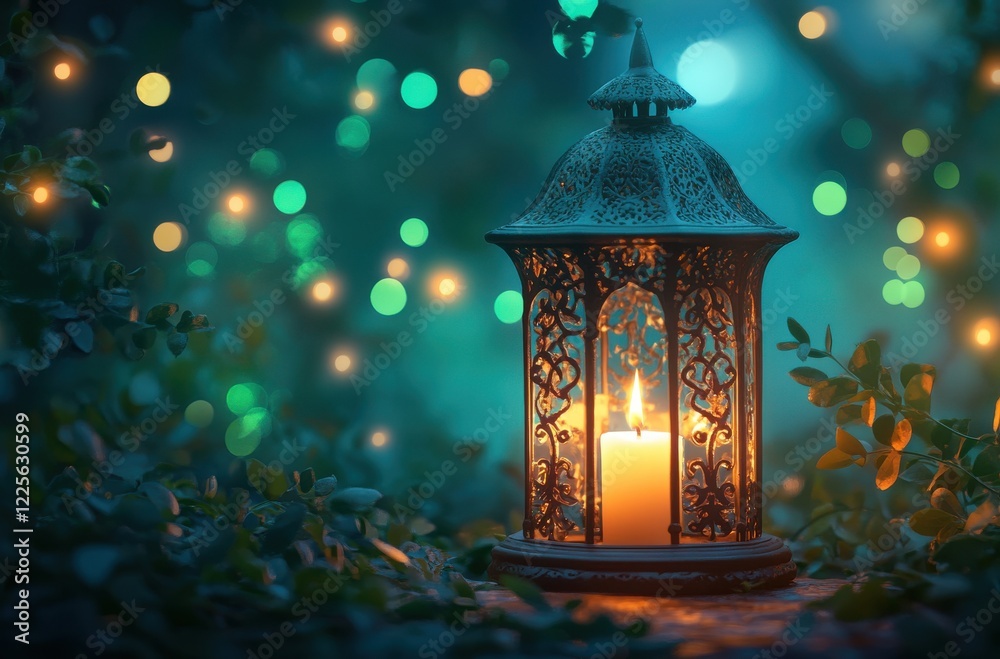Elegant lantern with candle glowing in a serene garden setting surrounded by soft bokeh lights at twilight creating a magical ambiance Elegant lantern with candle glowing in a serene garden setting surrounded by soft bokeh lights at twilight creating a magical ambiance