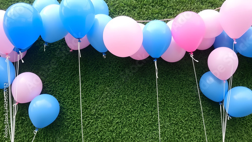 Blue and pink balloons for a gender reveal party decorations. Generative AI photo