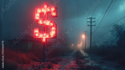 Editorial illustration of a power line, inside of it you can see a dollar sign symbol hidden, 3d render, dark gray on black background. photo