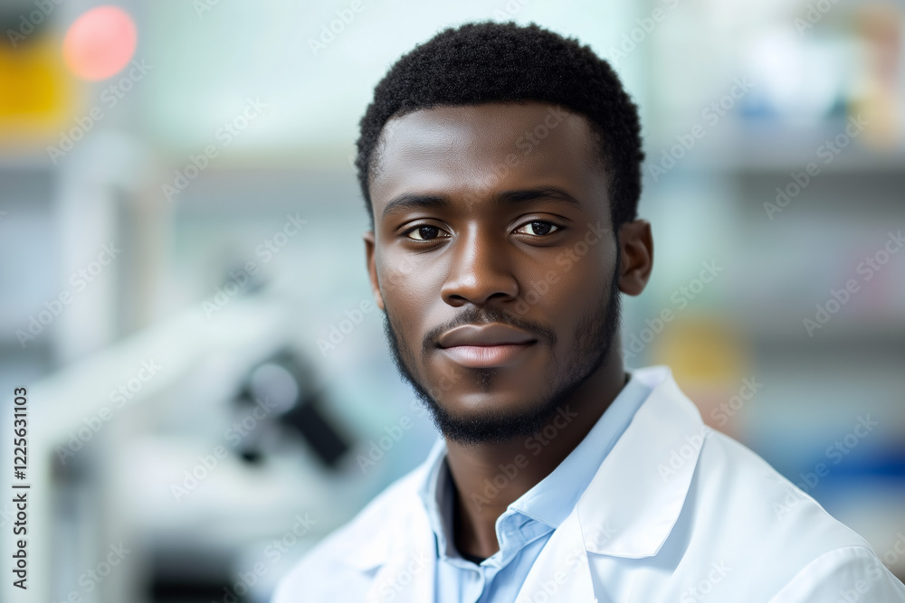 Black scientist student on university wearing white coat against laboratory background, scientific concept portrait. Black scientist student on university wearing white coat against laboratory background, scientific concept portrait.