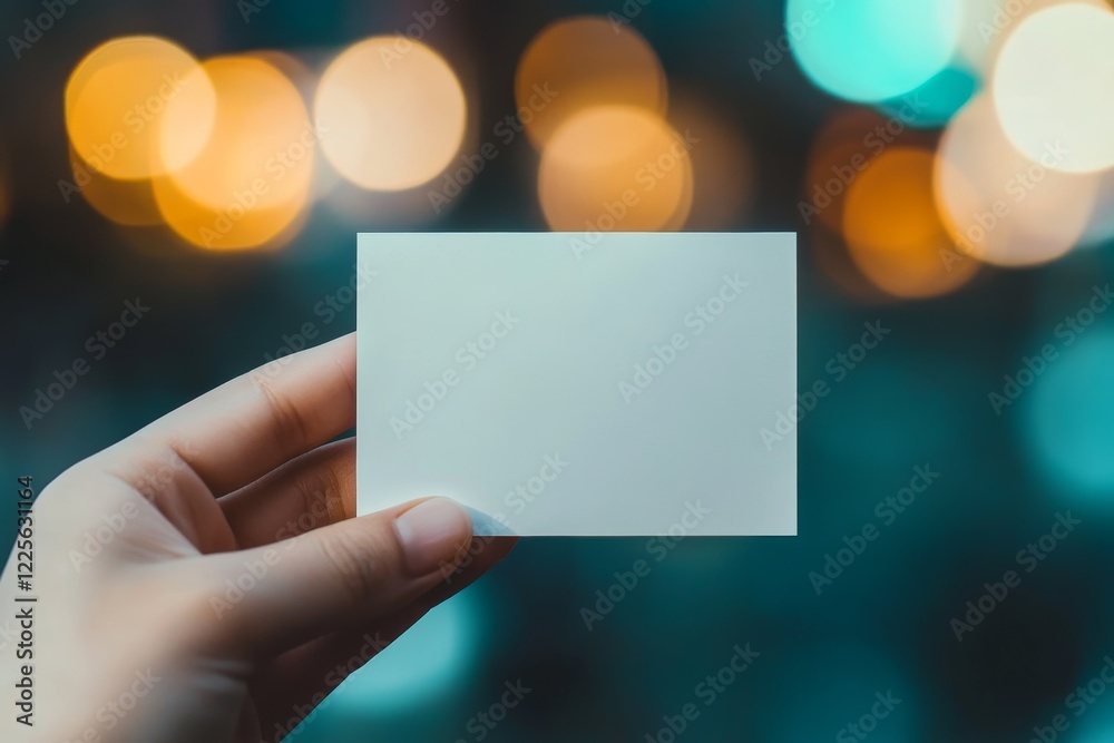 Hand holding blank card in blurred bokeh background. Hand holding blank card in blurred bokeh background.