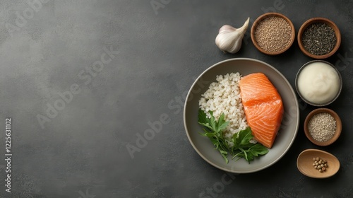 Wallpaper Mural Plate of salmon with rice and vegetables served as part of gourmet meal kit ingredients Torontodigital.ca