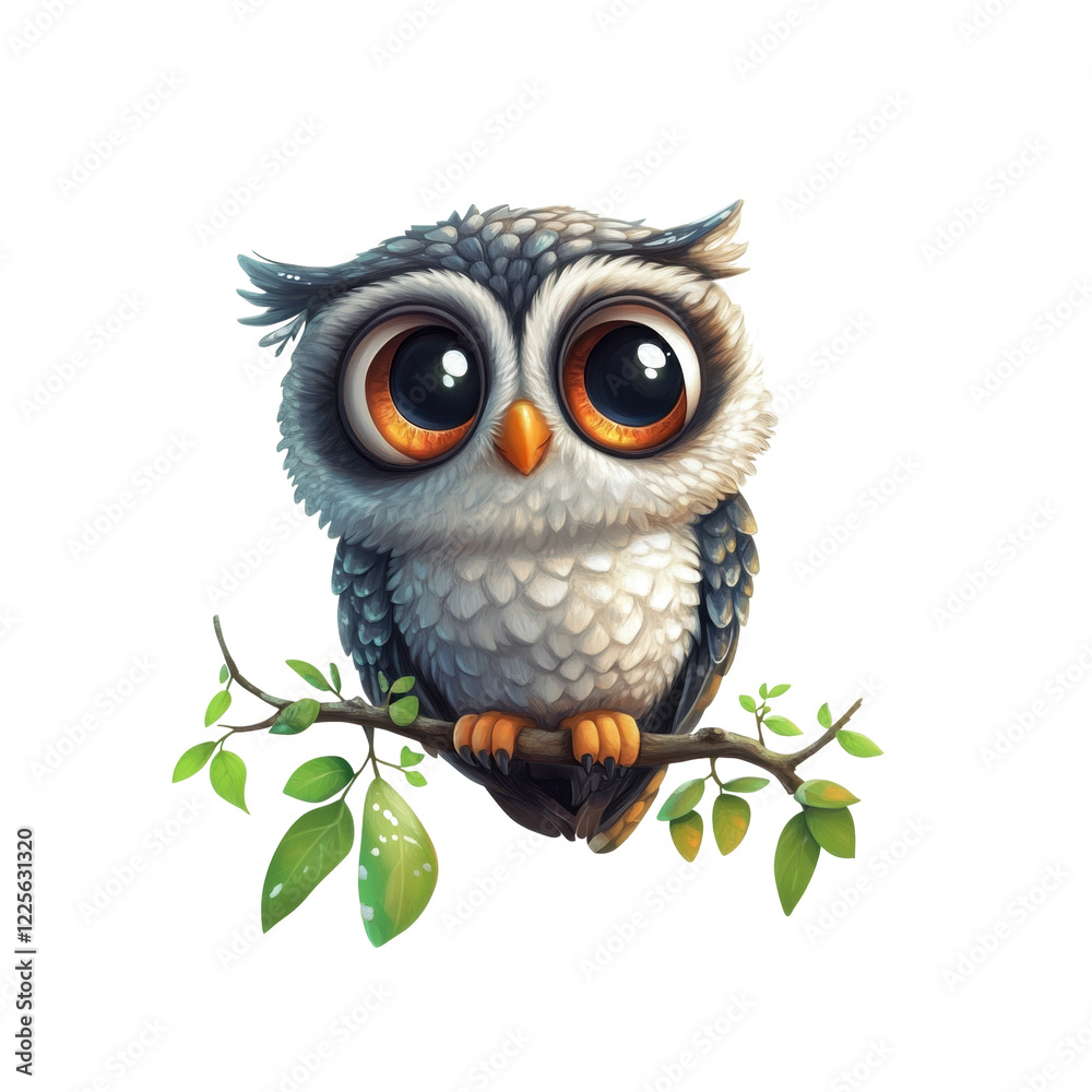 Fototapeta premium Illustration of cute cartoon owl with large expressive eyes perched on a branch with green leaves. Ideal for themes of nature, wildlife, and children's design. Isolated on transparent background, png