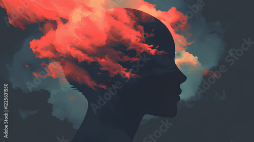 A conceptual silhouette of a head with vibrant red and orange clouds blending into a dark background.