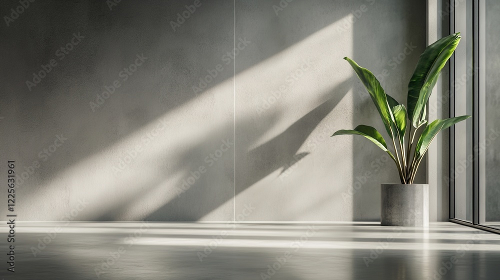 Minimalist interior with empty space, gray wall, and concrete floor. A green plant in a modern pot is on the right side, illuminated by sunlight from the window. Minimalist interior with empty space, gray wall, and concrete floor. A green plant in a modern pot is on the right side, illuminated by sunlight from the window.
