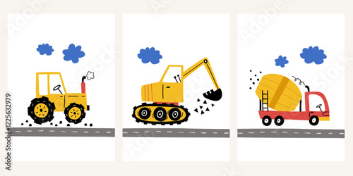 Cute baby boy posters with cars- excavator, tractor, concrete mixer in cartoon style. Scandinavian style. Vector set with automobile for fabric, textile, postcard, apparel, wall art, kids room design