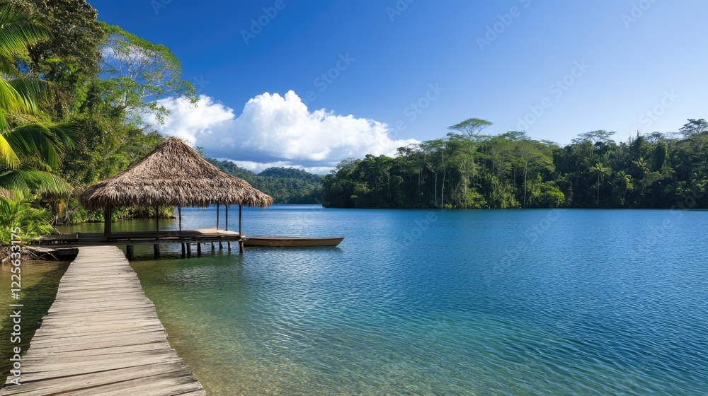 Naklejka premium A wooden pier stretches over crystal-clear water, framed by vibrant green trees and majestic mountains under a bright blue sky, creating a peaceful escape in nature.