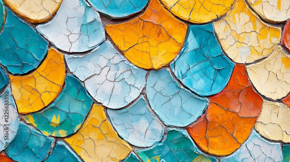 A colorful, broken tile mosaic of a fish tail A colorful, broken tile mosaic of a fish tail