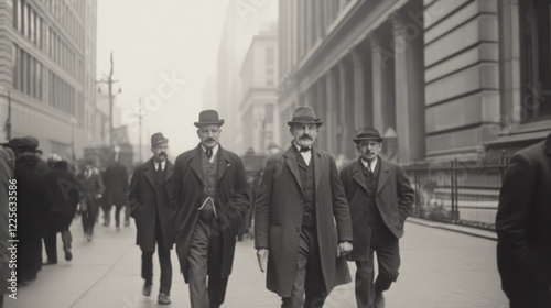 Three men in suits walk down a busy city street in a vintage black and white photo. photo