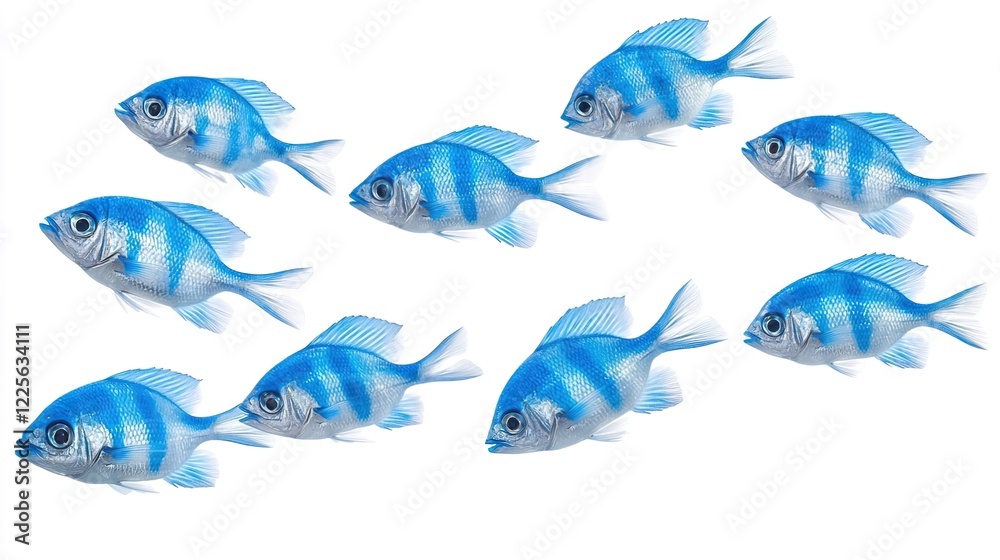 Group of Colorful Blue Fish Swimming Together in Clear Water Group of Colorful Blue Fish Swimming Together in Clear Water