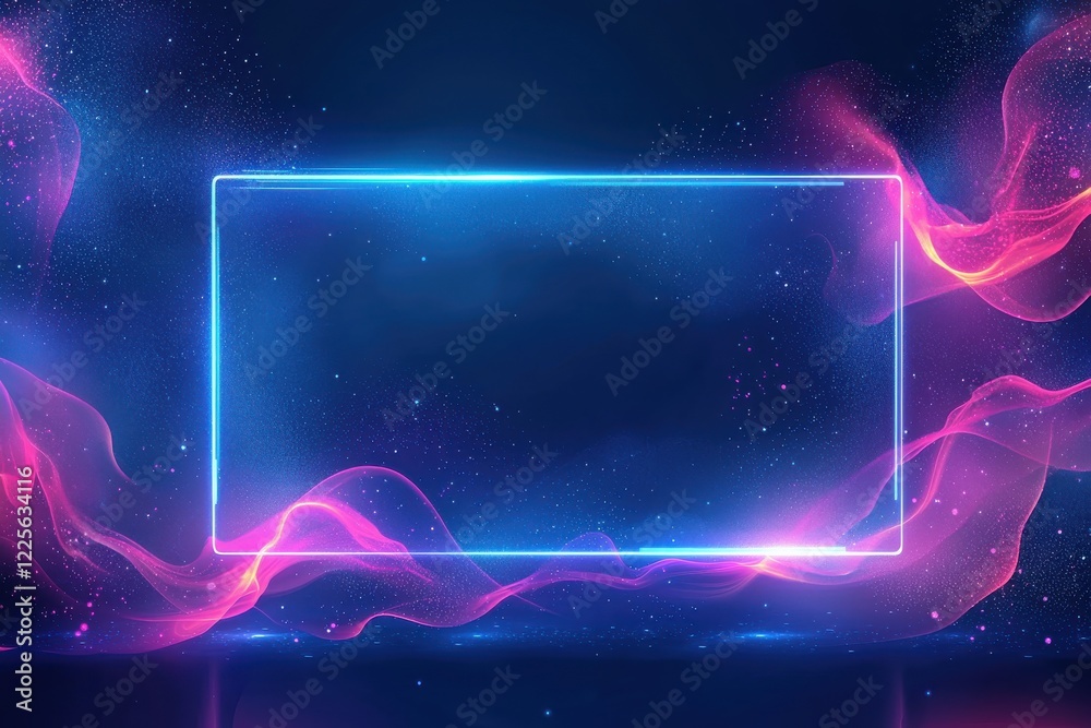 Fototapeta premium Glowing rectangular light frame with vibrant smoke on starry background