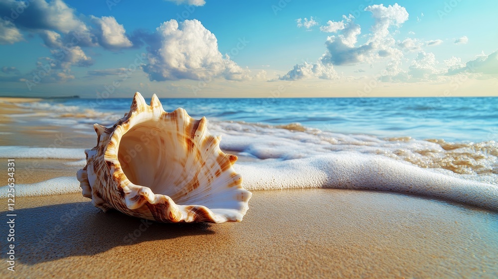 A large shell is laying on the beach, with the ocean in the background A large shell is laying on the beach, with the ocean in the background
