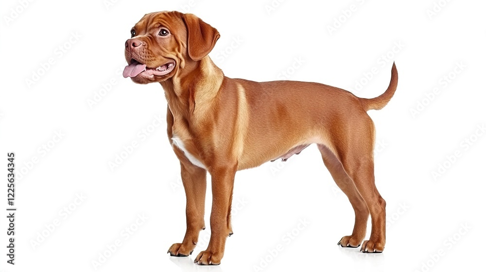 Playful brown dog standing on white background with tongue out Playful brown dog standing on white background with tongue out