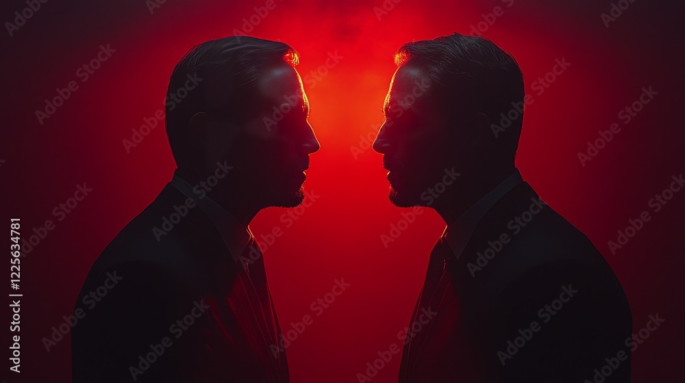 Fototapeta premium Two men are standing in front of a red background