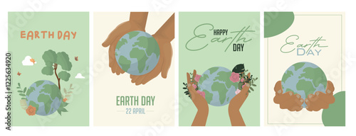 Earth Day posters set. Hands and Nature Elements. World earth day concept. Vector concepts for graphic and web design, business presentation, marketing and print material. Flat. Vector illustration.