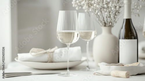 Gourmet dinner party setting with white plate and glass of wine on table