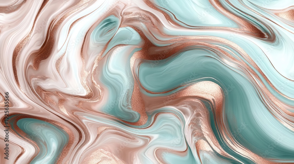 Fototapeta premium abstract fluid art with rose gold and turquoise swirls, organic flowing patterns creating ethereal marble effect
