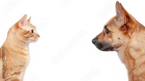 Cat and Dog Face to Face Friendship on White Background