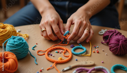 Hands creating colorful yarn crafts on a wooden table