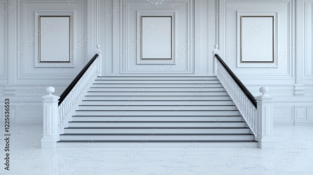 Fototapeta premium A minimalist interior featuring a grand staircase with white walls and empty frames, exuding elegance and sophistication.