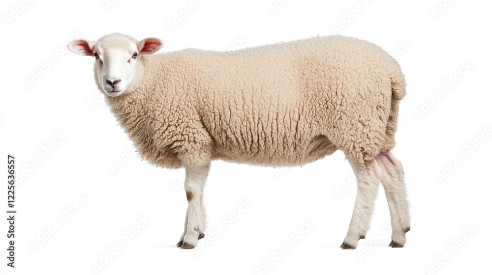 Fototapeta premium Sheep Standing on White Background with Fluffy Wool and Cute Face