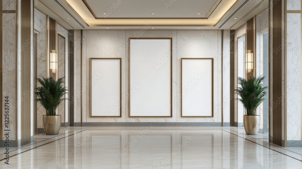 Fototapeta premium A modern hallway featuring blank framed spaces, elegant lighting, and decorative plants, showcasing minimalist design elements.